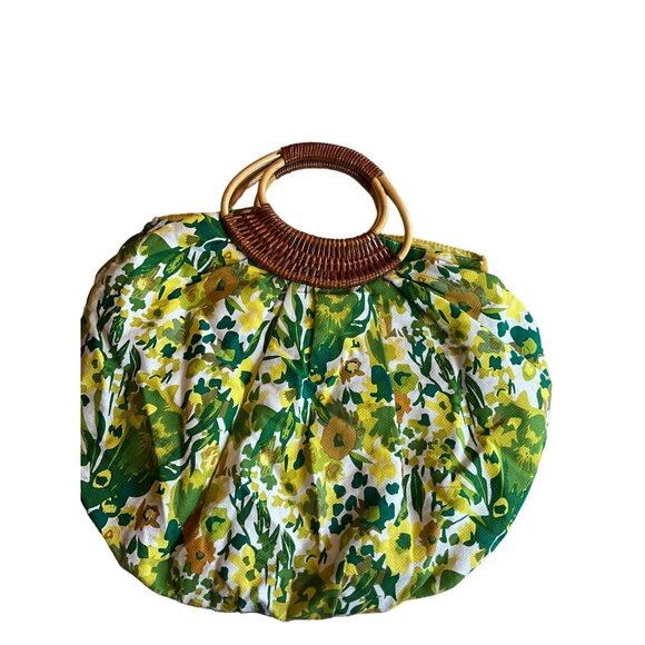 Vintage Floral Print Round Bamboo Handle Bag With Yellow Lining & Magnetic‎ Snap - Picture 2 of 6